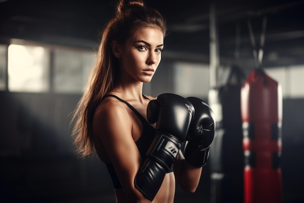 Ritratto vista laterale giovane bella donna in guanti da boxe in posizione con corpo perfetto su tela in