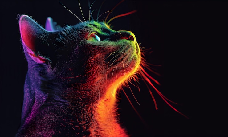 Foto ritratto vivace del gatto arcobaleno su uno sfondo scuro