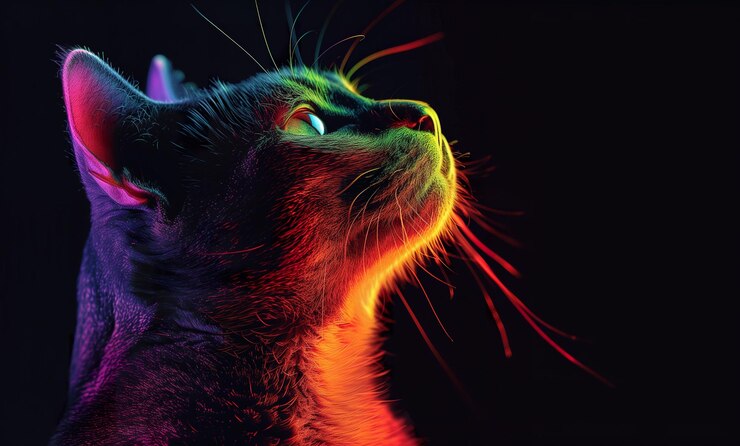 Foto ritratto vivace del gatto arcobaleno su uno sfondo scuro