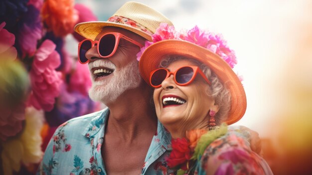 Ritratto vivido di una coppia anziana, uomo e donna felici in viaggio, viaggiatori anziani, vecchiaia felice, stagione turistica, anziani emotivi, immagine generata dall'AI.