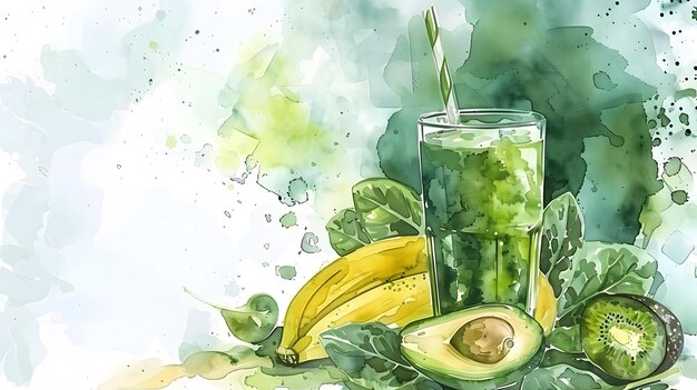 Rituale mattutino sano Disegno ad acquerello di frullato ricco di nutrienti con kiwi e banane