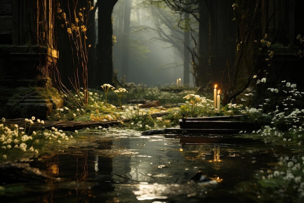 Rituale notturno del battesimo accanto ad un ruscello nella foresta generativa IA