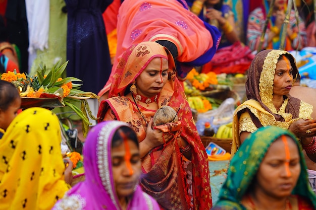 Rituali del festival Chhath nella città di Delhi