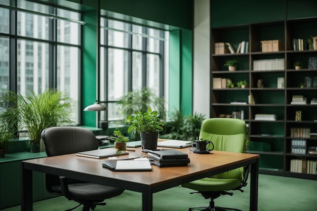 Riunione aziendale verde e sala di lavoro in ufficio