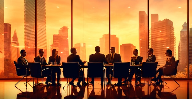 Riunione d'affari a un grande tavolo in un ufficio luminoso con grandi finestre concetto di business immagine generata dall'AI