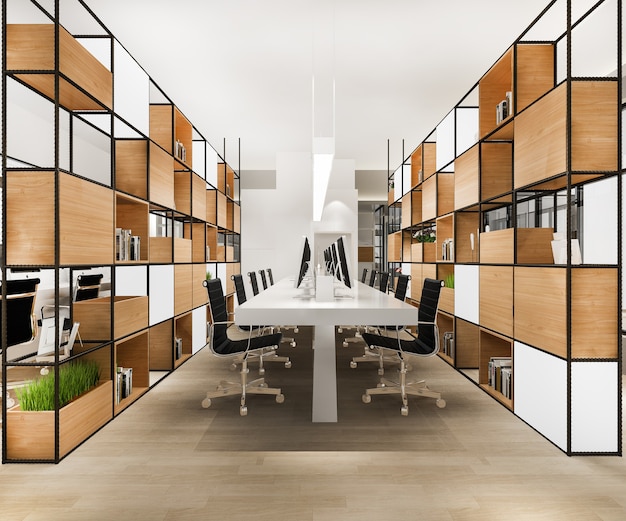 Riunione d'affari di rendering 3D e sala di lavoro su edificio per uffici