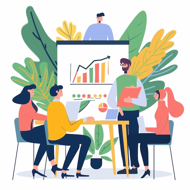 Riunione d'affari in ufficio Illustrazione vettoriale su sfondo blu
