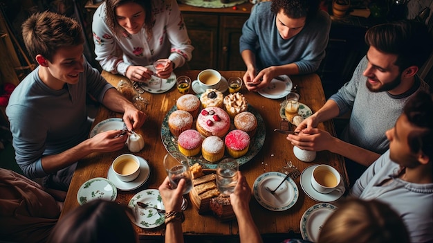 Riunione di amici che si godono tè e biscotti