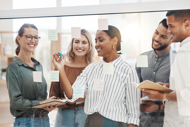 Riunione di coaching e una donna d'affari che scrive su vetro con il suo team per strategia o brainstorming in un ufficio Pianificazione e leadership della collaborazione con una dipendente che insegna ai suoi colleghi