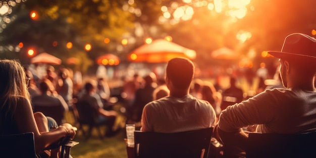 Riunione notturna dei cittadini Una folla sfocata di persone irriconoscibili in piedi all'aperto in una festa urbana in città