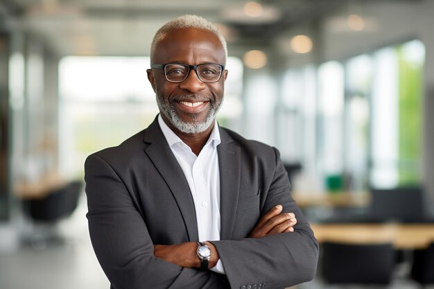 Riuscito uomo d'affari africano senior in posa con le braccia incrociate che sorride alla macchina fotografica in ufficio