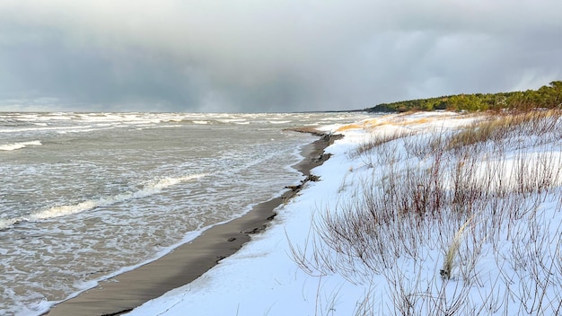 Riva del mare ghiacciata in inverno con dune innevate. Paesaggio invernale suggestivo di mare e spiaggia senza persone.