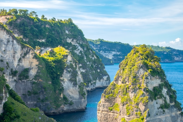 Riva dell'oceano dell'isola rocciosa dell'Indonesia. Alcune capanne in cima a una scogliera tra la foresta pluviale