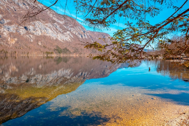 Riva rocciosa del lago di montagna Bella natura Riflessione sul lago