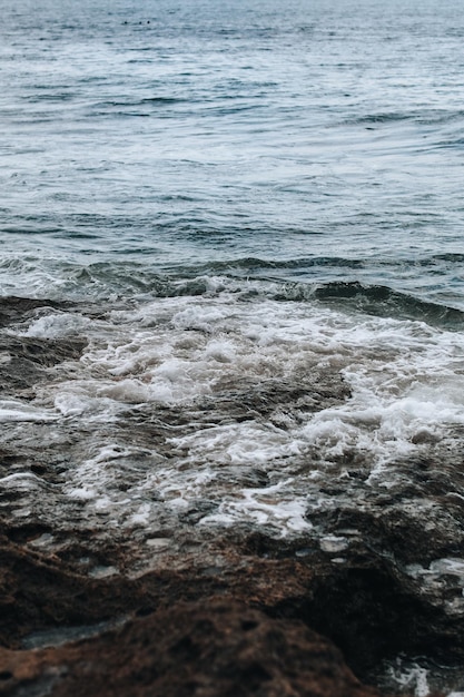 Riva rocciosa scura e schiuma bianca dell'oceano Bellezza in natura