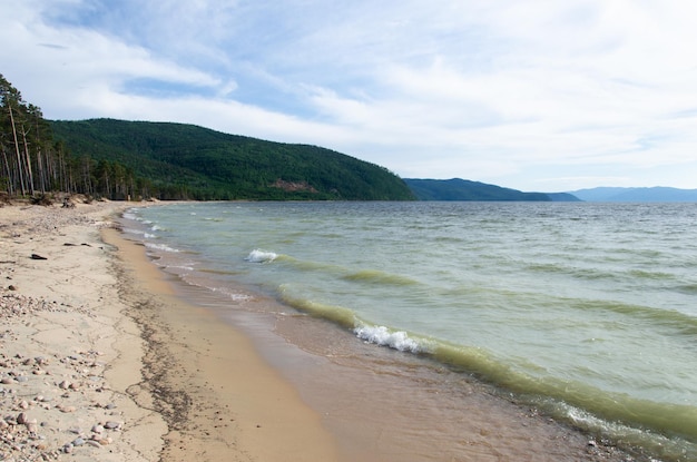 Riva sabbiosa del lago Baikal in estate