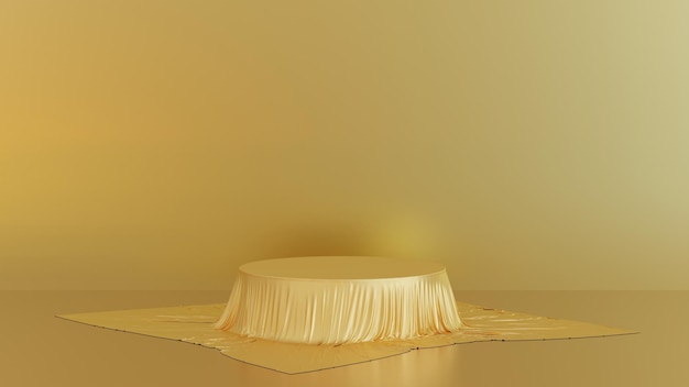 Rivestimento in tessuto dorato su piedistallo rotondo con base dorata per la cerimonia di premiazione del prodotto, rendering 3D