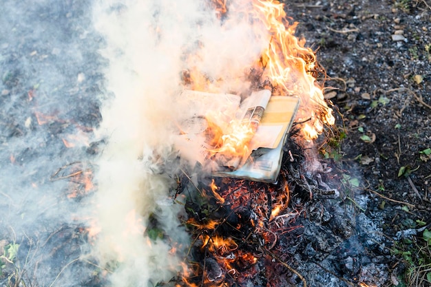 Rivista che brucia nel fuoco su un mucchio di piante secche