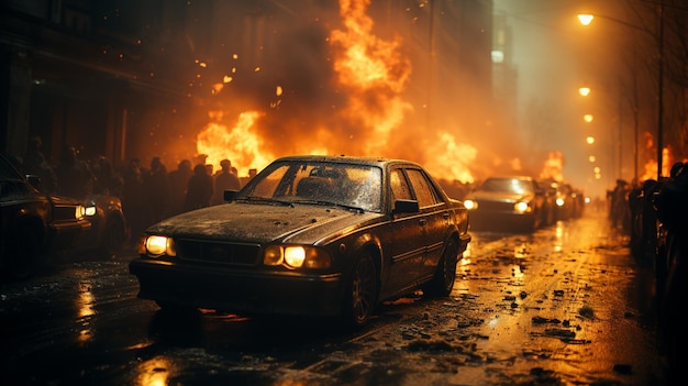 Rivolte e proteste rivoluzionarie che bruciano edifici e automobili nella città Generativa Ai