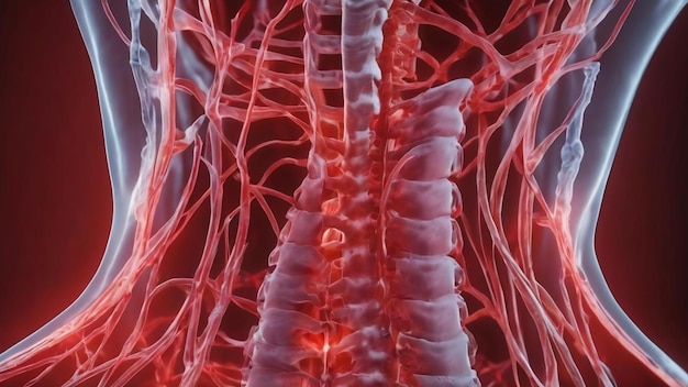 RM o risonanza magnetica della colonna vertebrale umana in close-up a luce rossa
