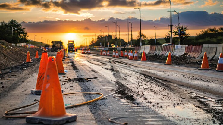 Roadway under construction with orange cones and barriers