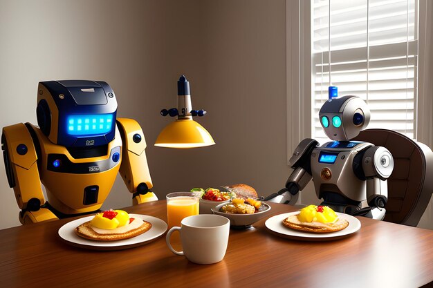 Robot 3D realistici mangiano in cucina Visualizzazione di un assistente robot nella vita di tutti i giorni