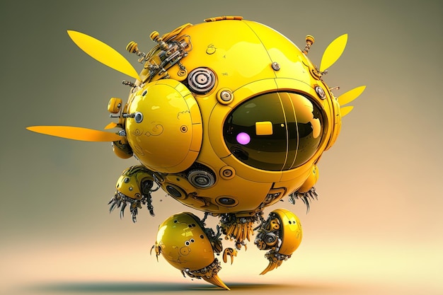Robot a sfera volante giallo con un design cyberpunk fantascientifico