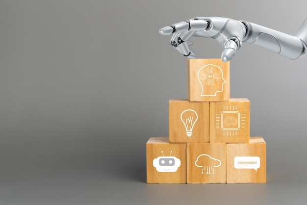 robot a tocco manuale intelligenza artificiale cubo di legno con simboli di IA tecnologia futuristica