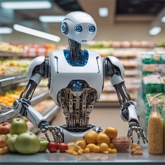 Robot Addetto alle vendite al fruttivendolo che vende frutta