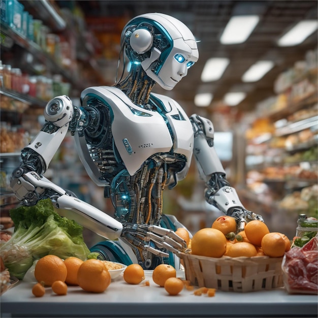 Robot Addetto alle vendite al fruttivendolo che vende frutta