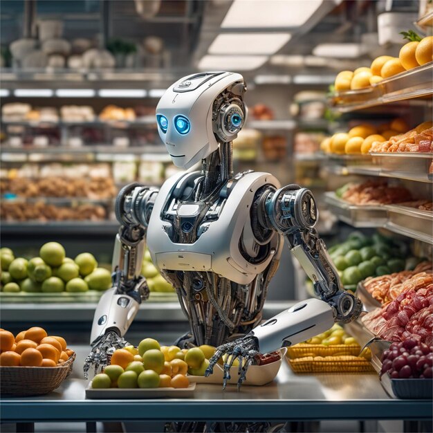 Robot Addetto alle vendite al fruttivendolo che vende frutta