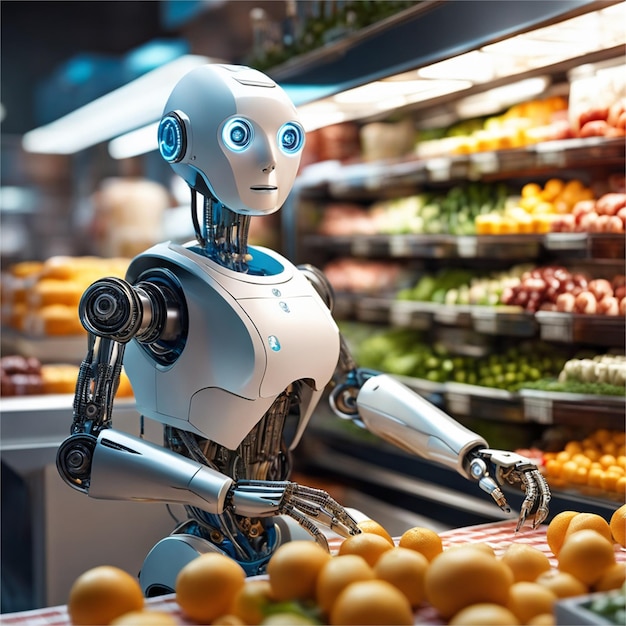 Robot Addetto alle vendite al fruttivendolo che vende frutta