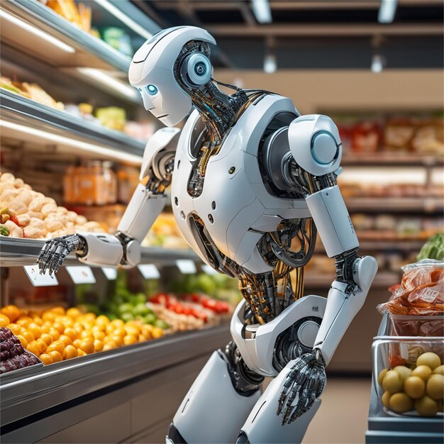 Robot Addetto alle vendite al fruttivendolo che vende frutta