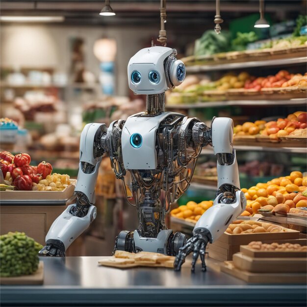 Robot Addetto alle vendite al fruttivendolo che vende frutta