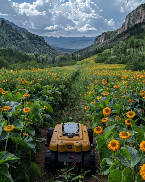 Robot agricoli che utilizzano macchine sullo sfondo