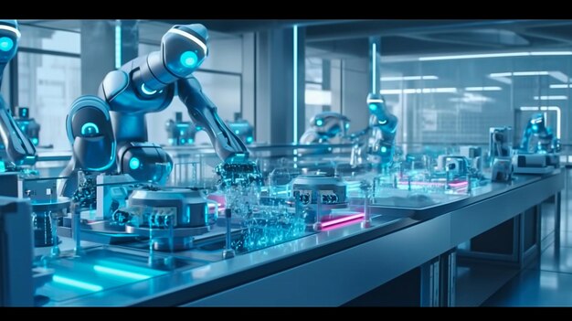 robot AI che lavorano con le persone in ufficio e produzione per la rivoluzione industriale e l'automazione del processo di produzione robot AI umanoidi disoccupazione illustrazione generativa AI