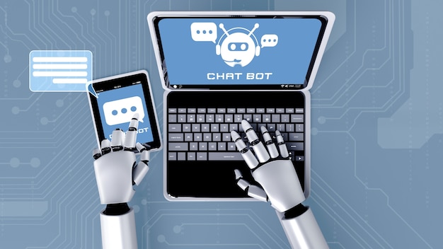 Robot AI che utilizza il computer per chattare con il cliente. Concetto di chat bot