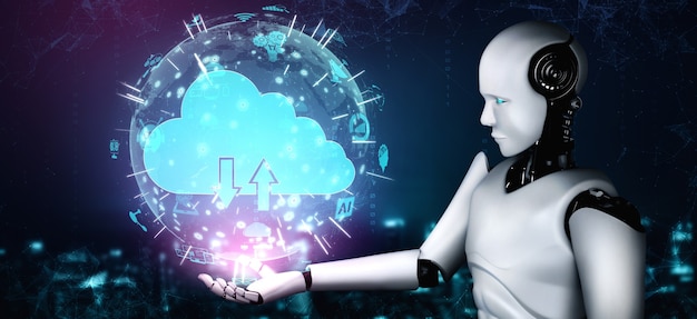 Robot AI che utilizza la tecnologia del cloud computing per archiviare i dati su un server online