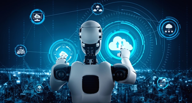 Robot AI che utilizza la tecnologia del cloud computing per archiviare i dati su un server online