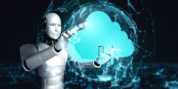 Robot AI che utilizza la tecnologia del cloud computing per archiviare i dati su un server online