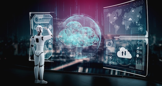 Robot AI che utilizza la tecnologia di cloud computing per archiviare i dati sul server online. Concetto futuristico di archiviazione delle informazioni cloud analizzato dal processo di apprendimento automatico. Illustrazione di rendering 3D.