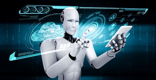 Robot AI che utilizza la tecnologia di cloud computing per archiviare i dati sul server online