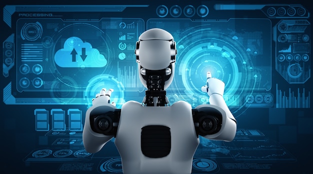 Robot AI che utilizza la tecnologia di cloud computing per archiviare i dati sul server online