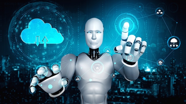 Robot AI che utilizza la tecnologia di cloud computing per archiviare i dati sul server online