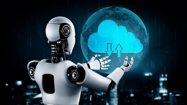 Robot AI che utilizza la tecnologia di cloud computing per archiviare i dati sul server online