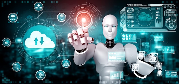 Robot AI che utilizza la tecnologia di cloud computing per archiviare i dati sul server online