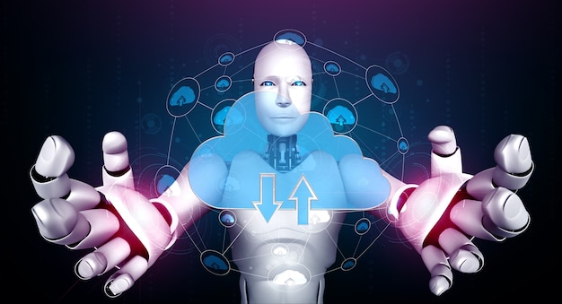 Robot AI che utilizza la tecnologia di cloud computing per archiviare i dati sul server online