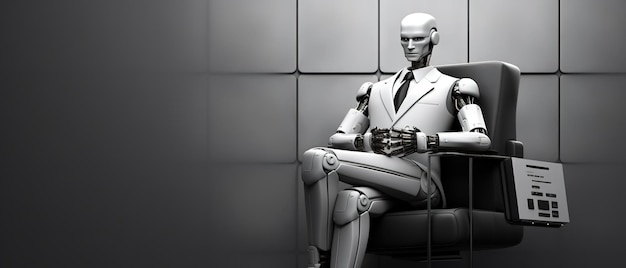 Robot AI seduto con una valigetta in attesa di un colloquio di lavoro
