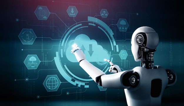 Robot AI XAI che utilizza la tecnologia cloud computing per archiviare dati su server online