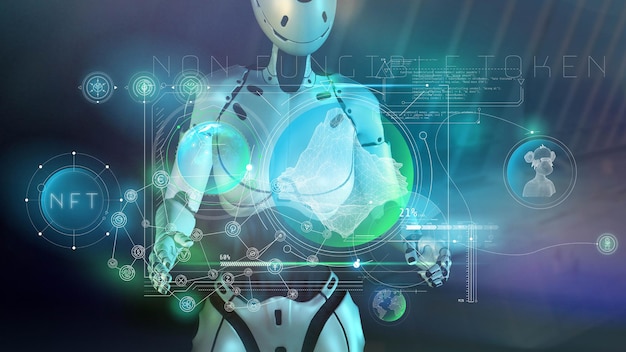 robot and virtual panel with nft and cryptocurrency data d render